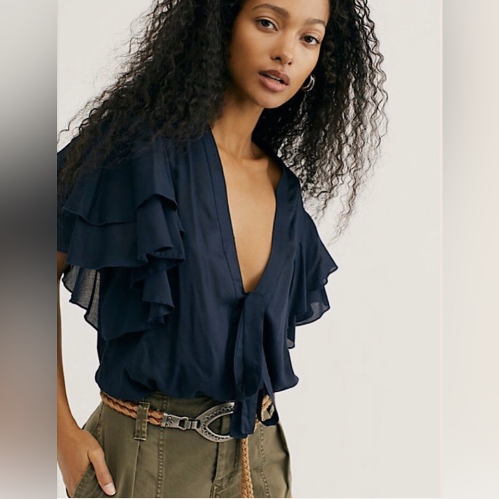 Free People Call Me Later Bodysuit Size S Ruffle Sleeve OB959390 Fairy Grunge